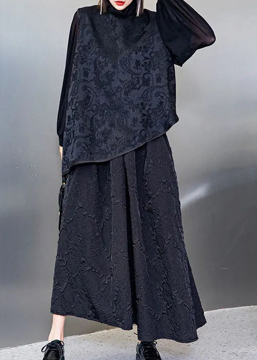 Organic Black Jacquard Asymmetrical Tops Loose Vest a Line Skirt Three Piece Outfit Spring