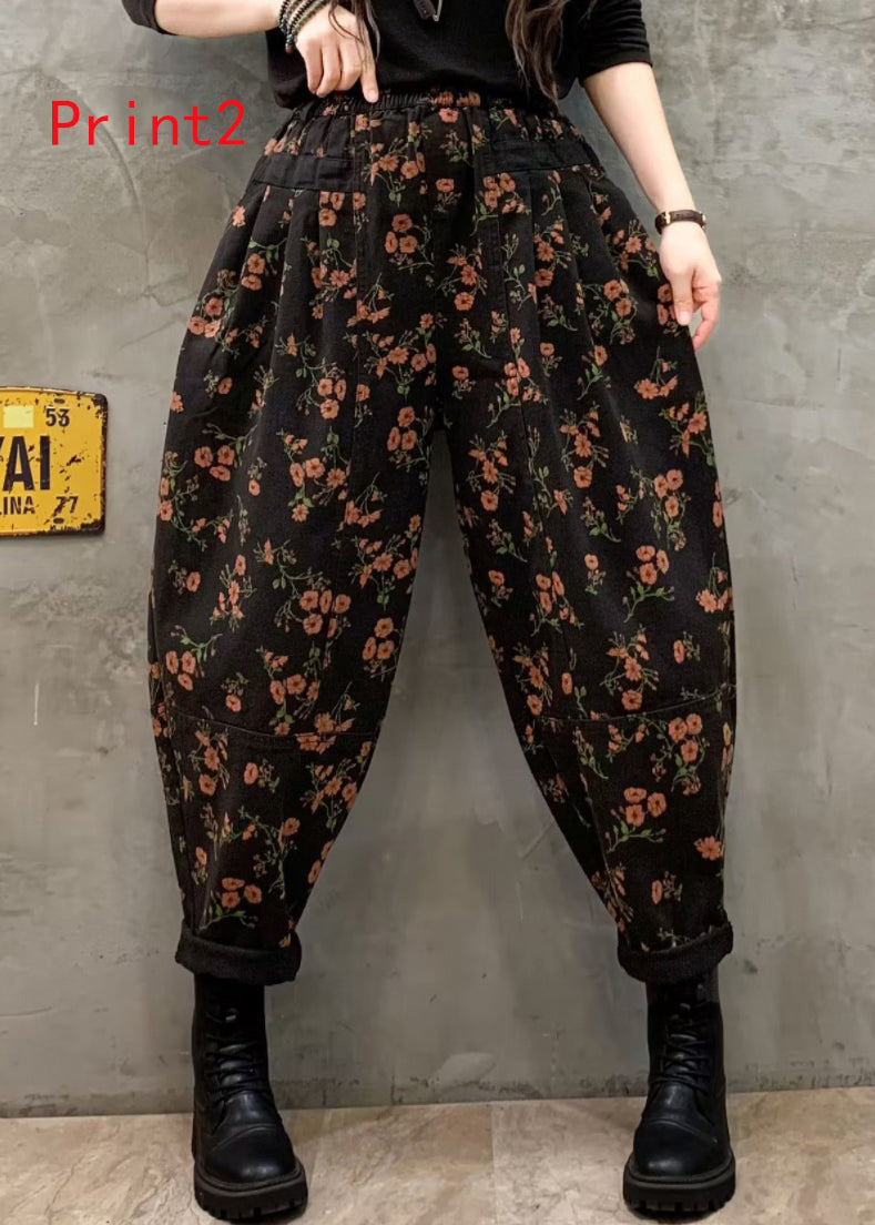 Print Elastic Waist Denim Harlan Pants Autumn