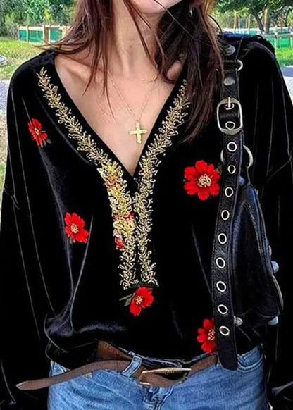 Fine Black V Neck Embroidered Silk Velour Shirt Fall