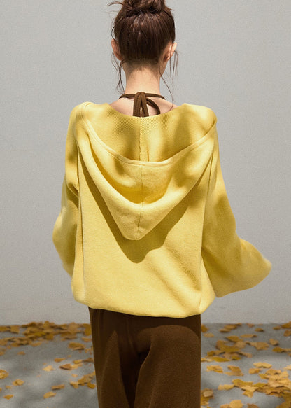 Yellow Hooded Knit Pullover Sweatshirt Fall