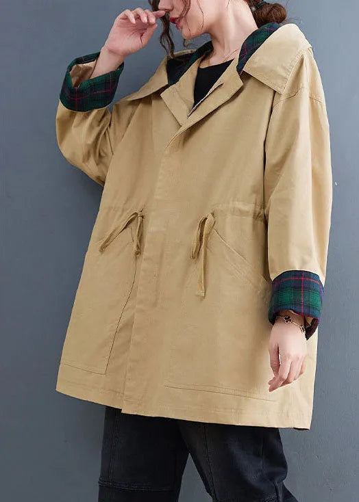 Boutique Khaki Pockets Drawstring Fall Hoodie Coat