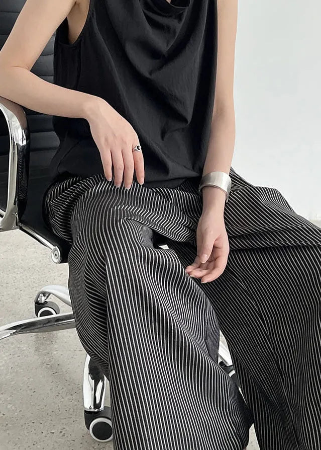 Italian Black Oversized Striped Cotton Wide Leg Pants Spring