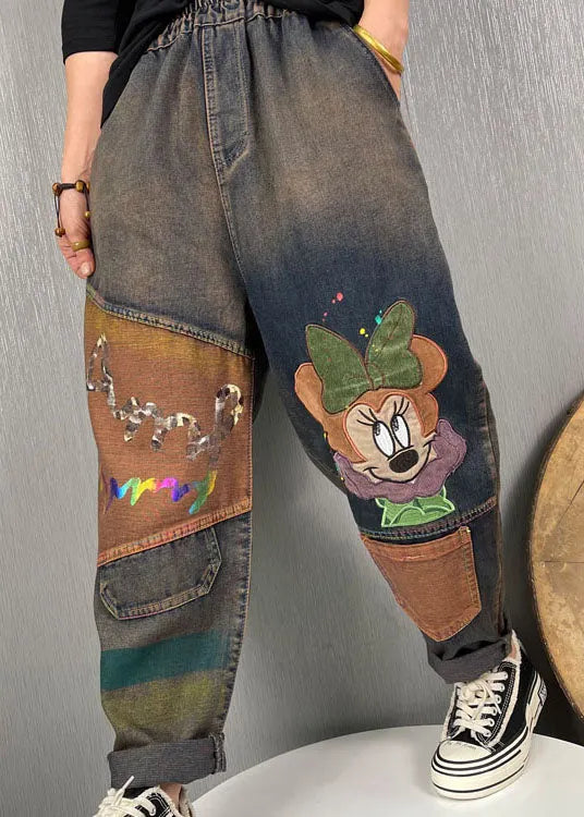 Stylish Blue Embroideried Patchwork Denim Pants Spring