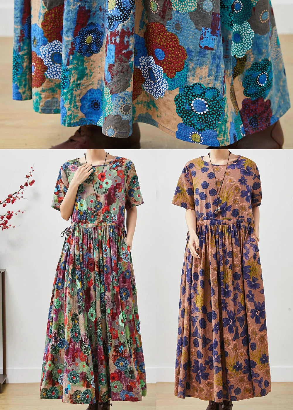Blue Cinched Exra Large Hem Cotton Dress Summer