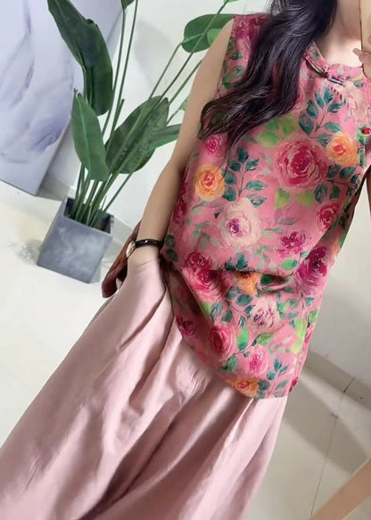 Chinese Style Rose Print Tops and Pink Pockets Pants Cotton Two Piece Set Sleeveless
