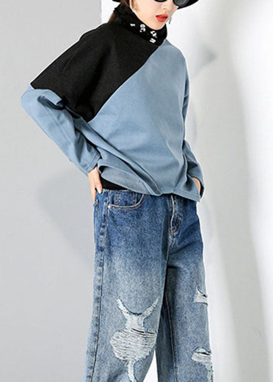 Blue Turtle Neck Patchwork Tops Spring