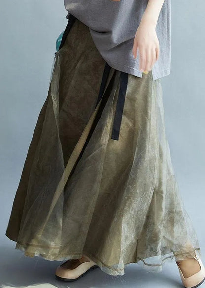 Natural Brown High Waist Retro Tie Patchwork Fall Skirts