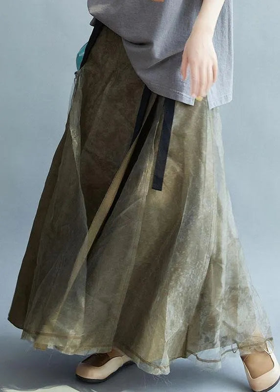 Natural Brown High Waist Retro Tie Patchwork Fall Skirts