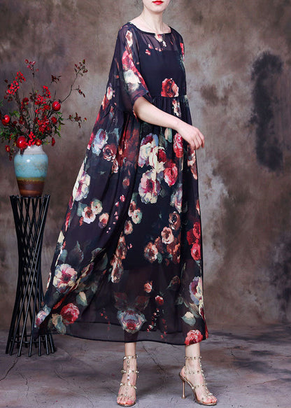 Black O-neck Wrinkled Print Chiffon Beach Dress Two Pieces Set Summer