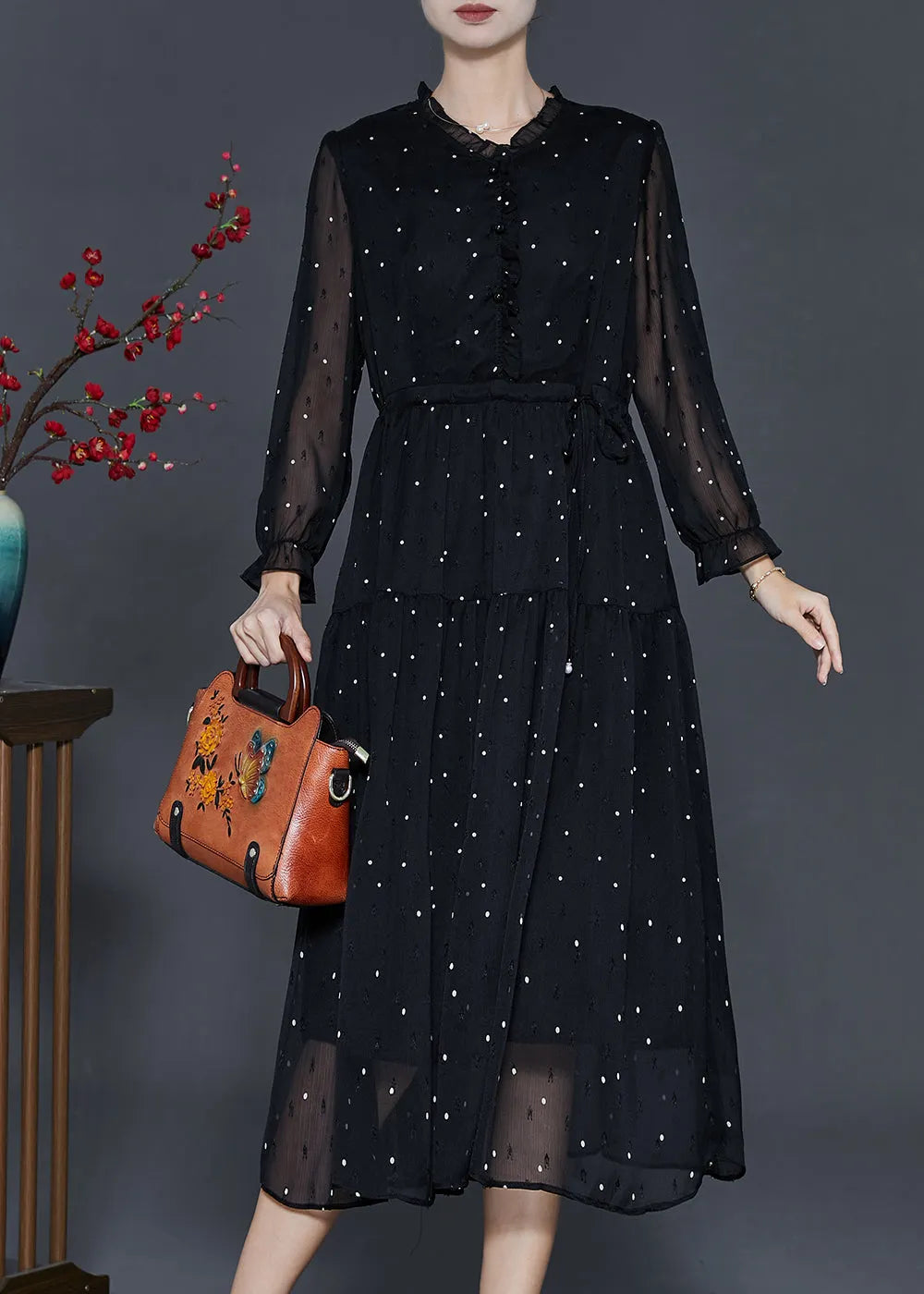Black Tie Waist Dot Chiffon Long Dress Fall