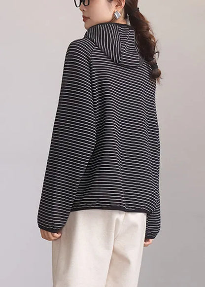 Striped Hooded Zippered Pockets Cotton Coat Spring