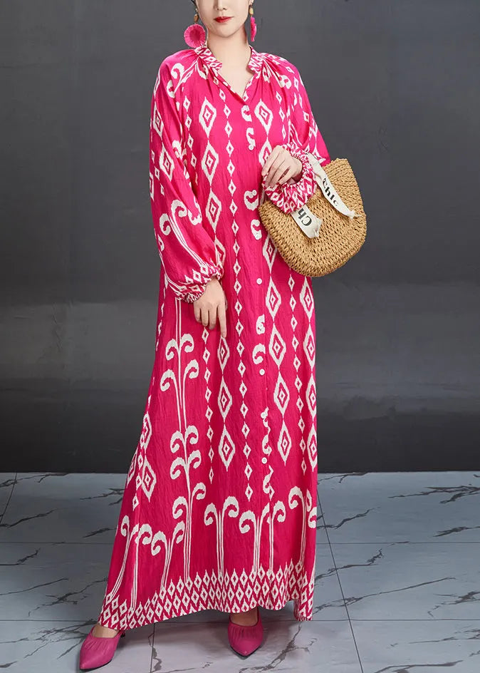Rose Stand Collar Print Cotton Blouses Dresses Fall