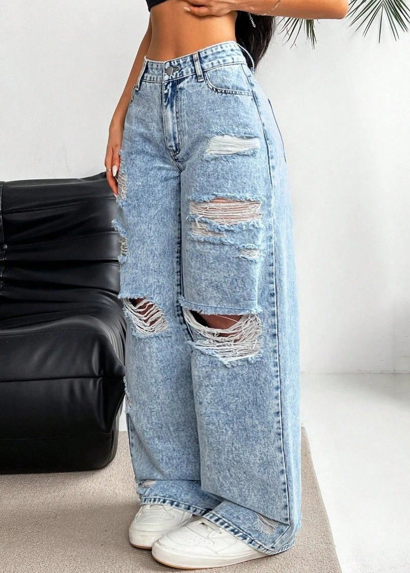 Blue Pockets Patchwork Ripped Wide Leg Jeans