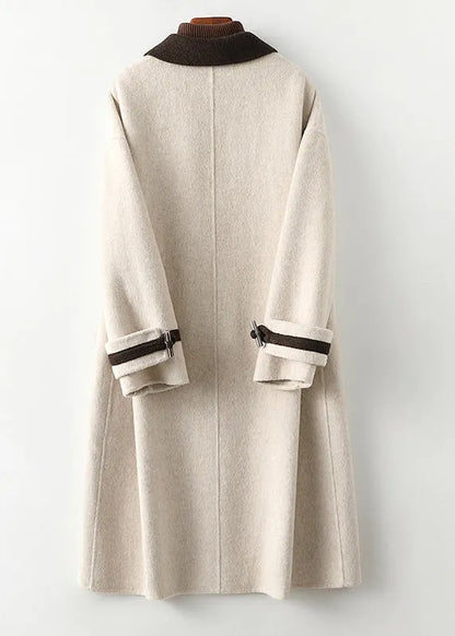 Beige Square Collar Button Woolen Long Coats Fall