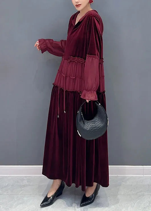 Wine Red Ruffled Lace Up Patchwork Velour Long Dresses Fall