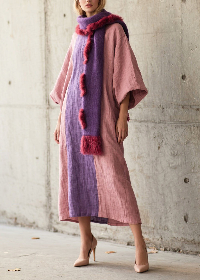 Pink Oversized Patchwork Cotton Robe Dresses Lantern Sleeve