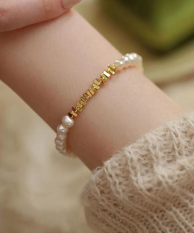 Stylish Gold Copper Overgild Pearl Crushed and Silver Tassel Two Piece Set Charm Bracelet