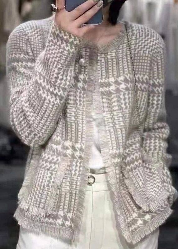 French Light Camel O-neck Tassel Woolen Cardigan Fall