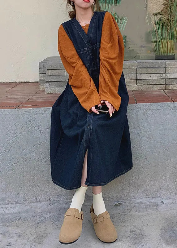 New Navy Button Tops and Waistcoat Dress Denim Two Pieces Set Spring