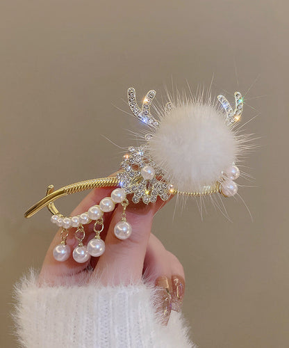 White Alloy Pearl Zircon Antler Snowflake Hairpin