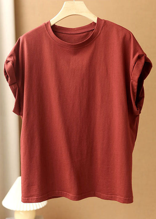 Style Red O-neck Color Cotton Loose Tank Tops Short Sleeve