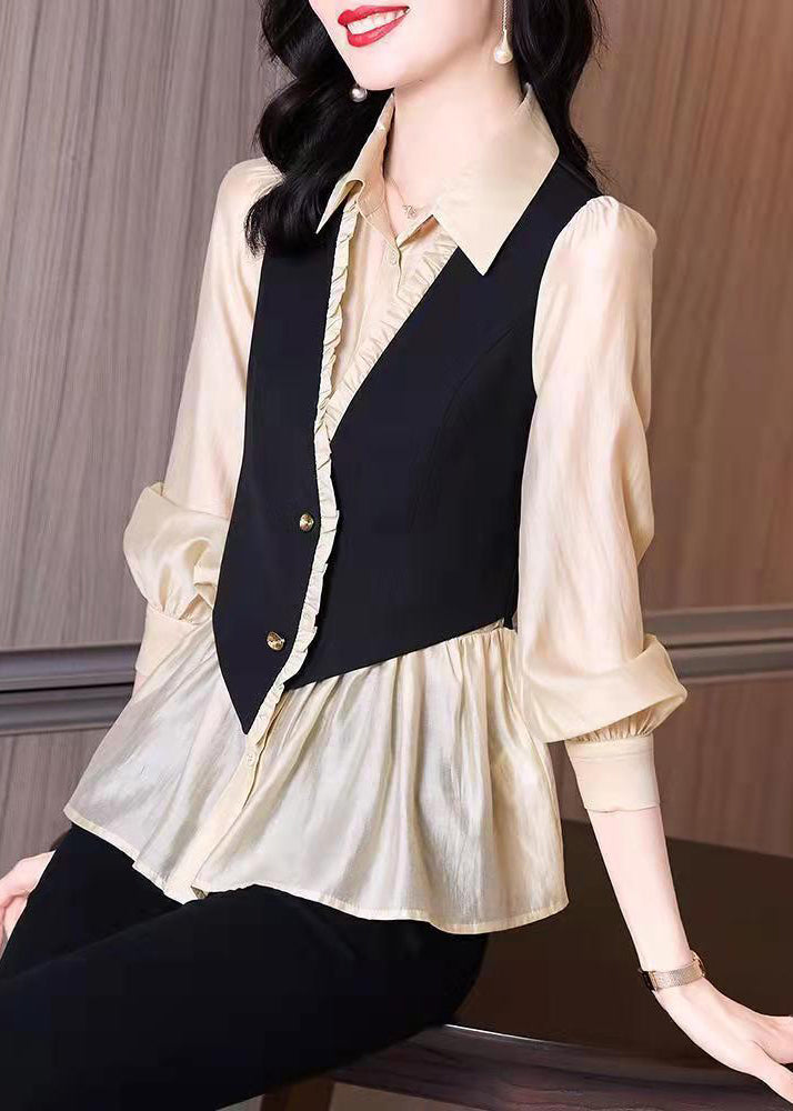 Handmade Stand Collar Ruffled Fake Two Piece Chiffon Shirts Long Sleeve