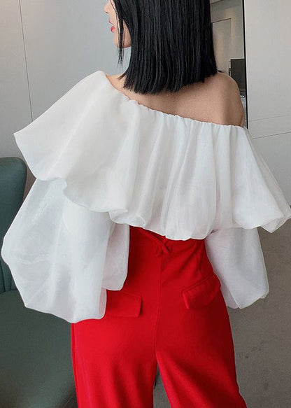 White Ruffled Chiffon Shirts Slash Neck Puff Sleeve