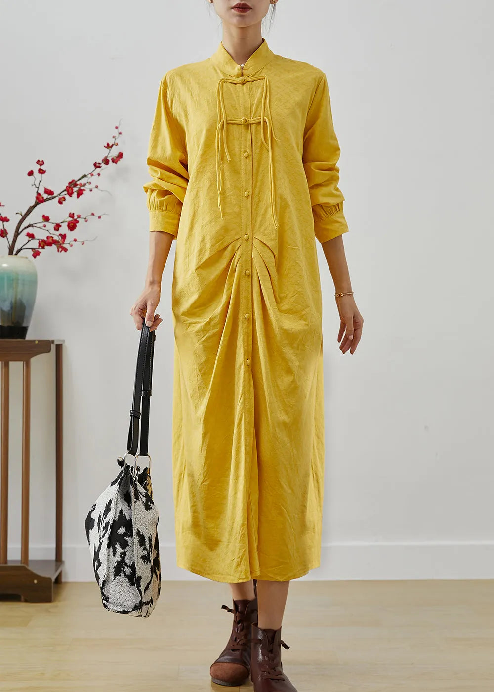 Yellow Tasseled Wrinkled Cotton Shirt Dress Fall