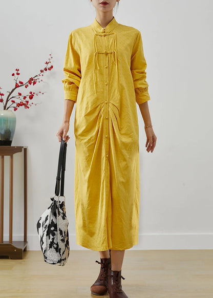 Yellow Tasseled Wrinkled Cotton Shirt Dress Fall