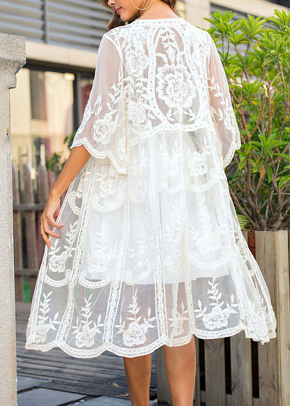 White V-neck Embroidery Tulle Swimwear Beach Cardigans