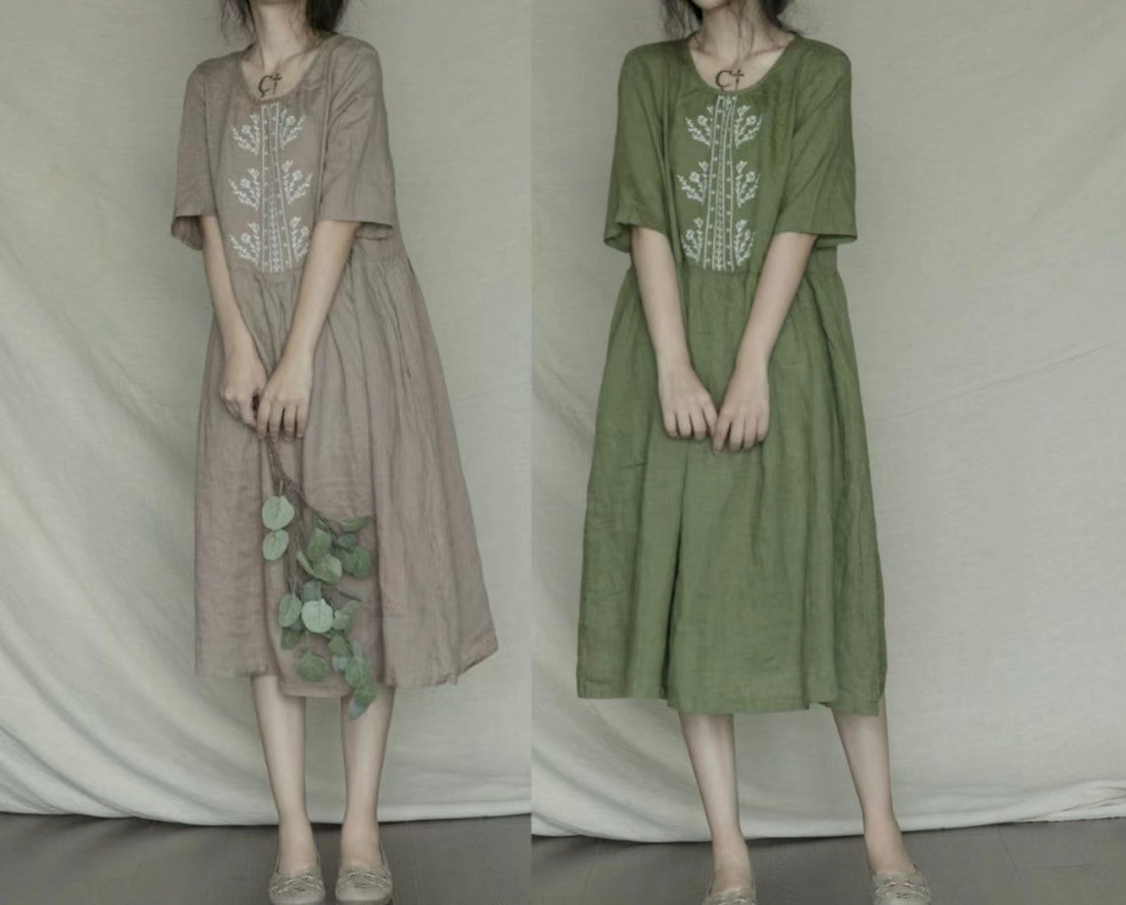 Green Embroideried Linen Dress Short Sleeve