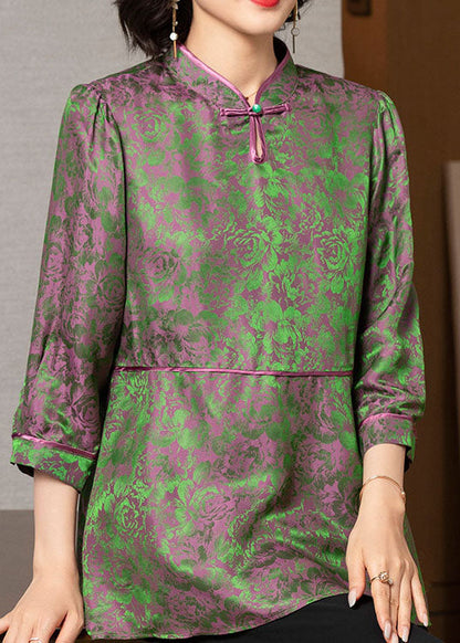 Green Stand Collar Print Patchwork Silk Tops Three Quarter Sleeve