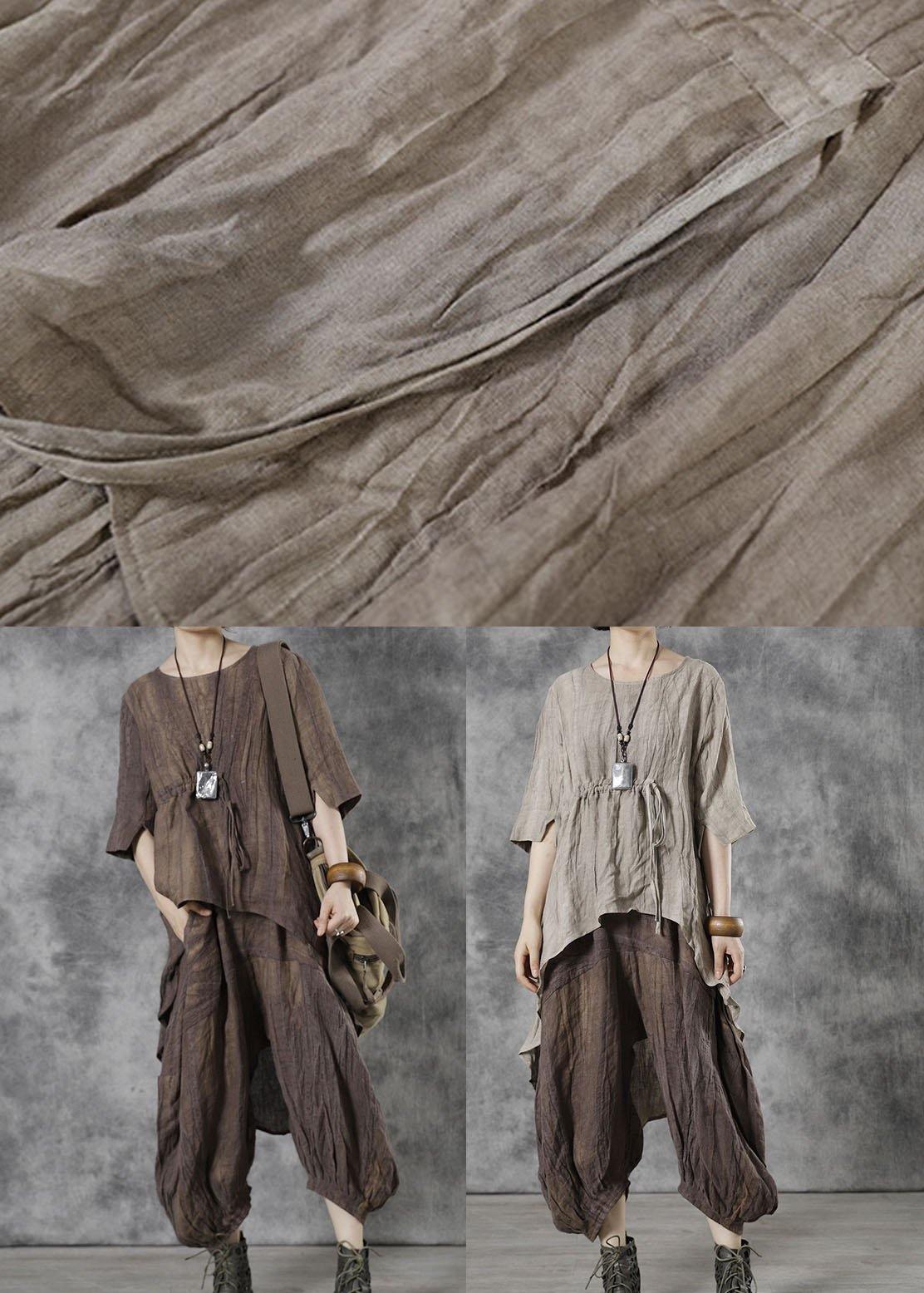 Art Chocolate Tie Waist Wrinkled Fall Tops Half Sleeve