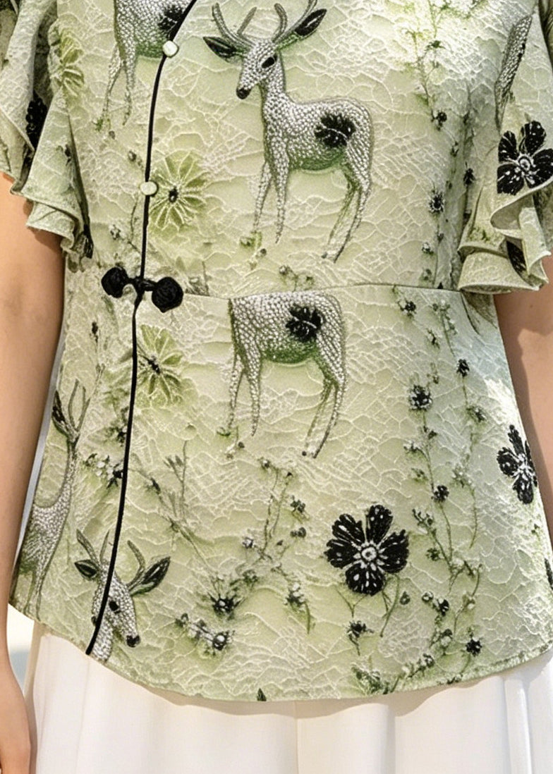 Green Print Chinese Button Silk Shirt Butterfly Sleeve
