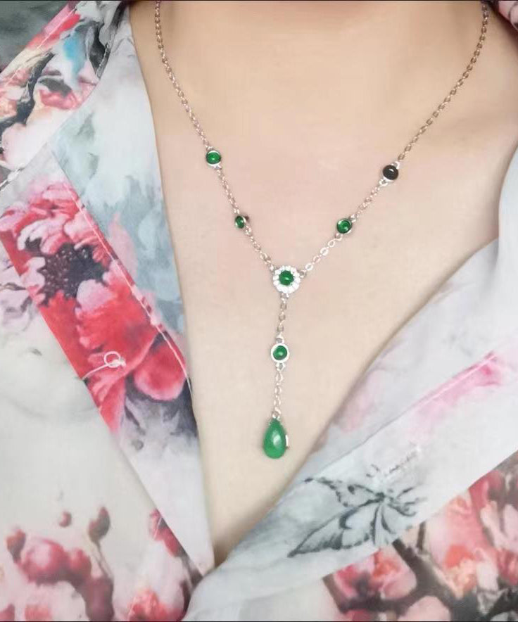 New Green Sterling Silver Overgild Zircon Jade Tassel Pendant Necklace
