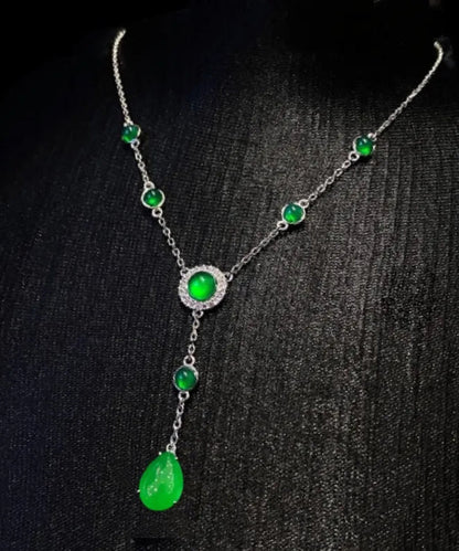 New Green Sterling Silver Overgild Zircon Jade Tassel Pendant Necklace