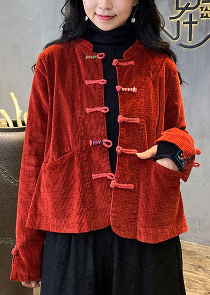 Red Button O-neck Pockets Corduroy Coats Spring