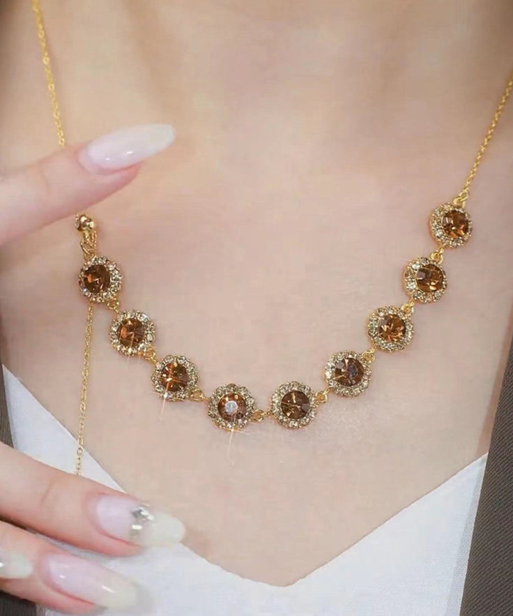 Coffee Alloy Zircon Crystal Pull Type Lariat Necklace