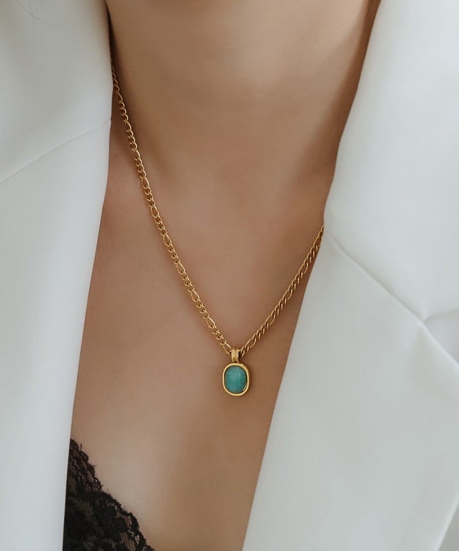 New Gold Stainless Steel Overgild Gem Stone Pendant Necklace
