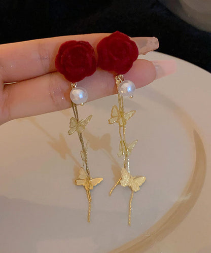 New Red Copper Overgild Pearl Velvet Butterfly Tassel Drop Earrings