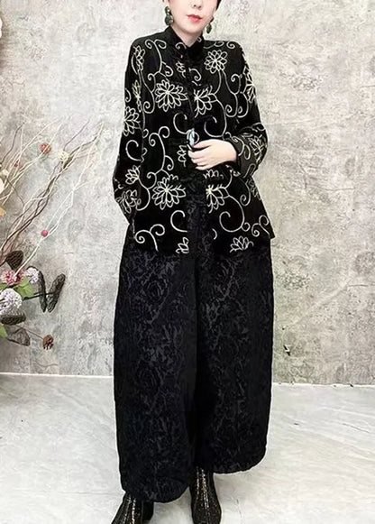 Chinese Style Black O Neck Velour Short Coat Spring