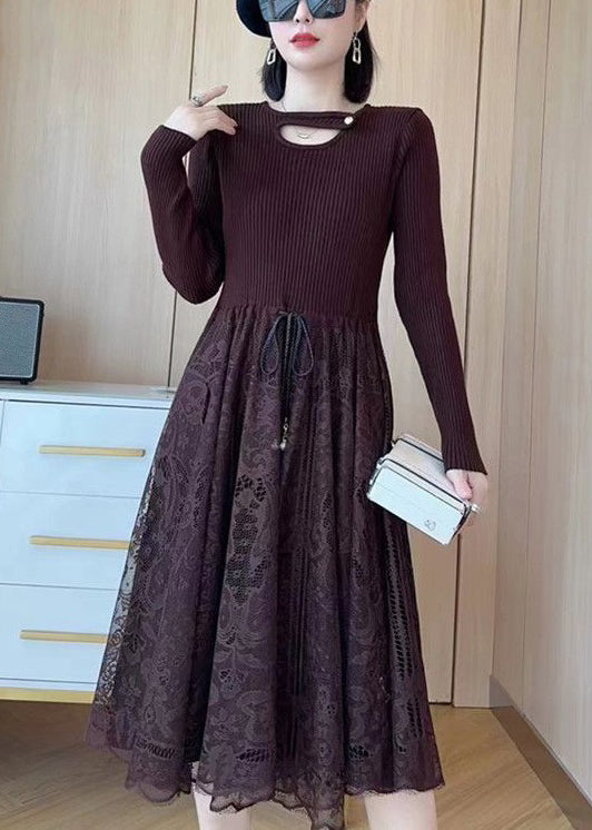 Khaki Tie Waist Lace Patchwork Dresses Spring