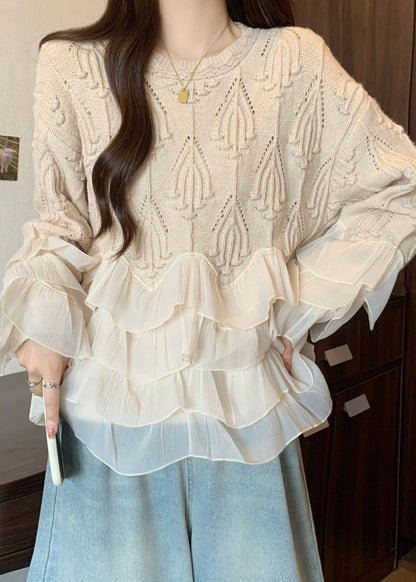 Apricot Ruffled Patchwork Knit Sweater Tops Fall