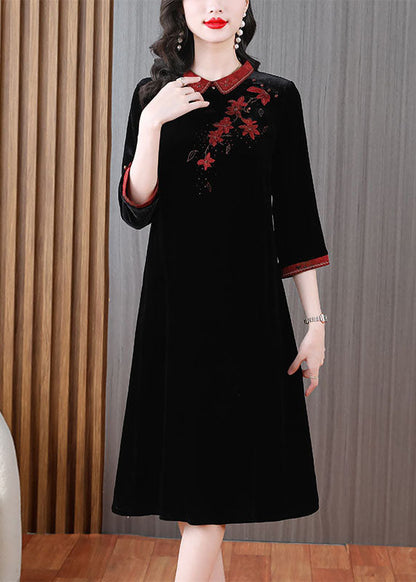 Green Peter Pan Collar Embroideried Silk Velour Long Dress Long Sleeve