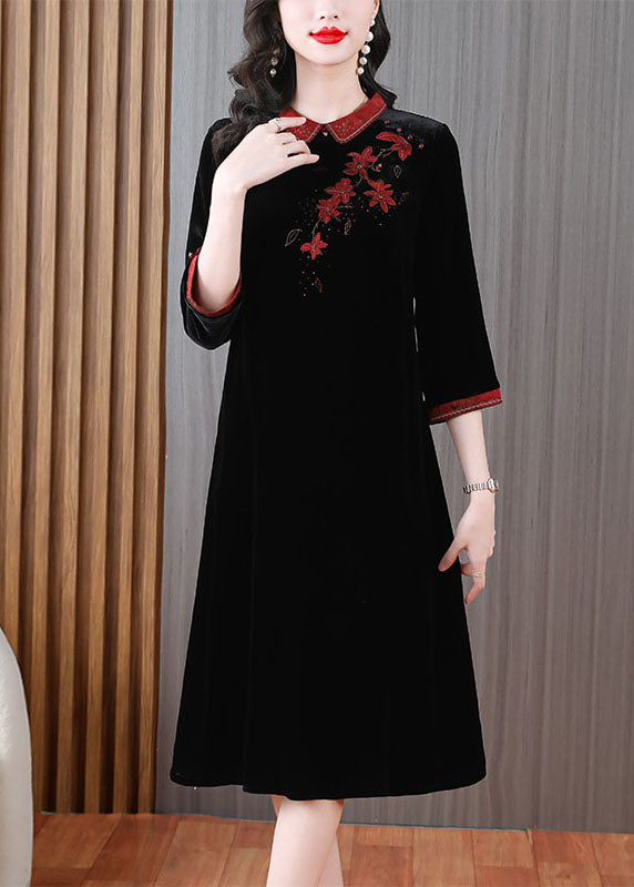 Green Peter Pan Collar Embroideried Silk Velour Long Dress Long Sleeve