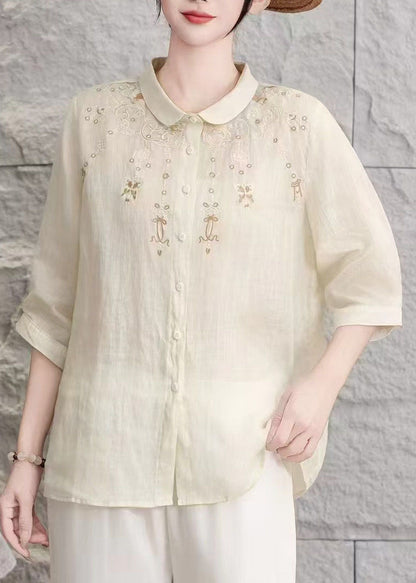 Yellow Peter Pan Collar Embroidered Linen Blouse Top Summer