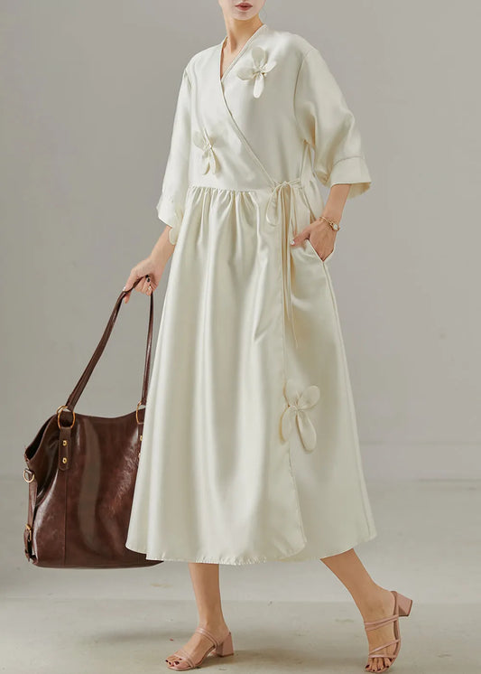 Boutique White Three-dimensional Lace Up Silk Dress Summer