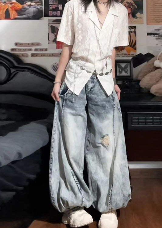 Light Blue High Waist Denim Ripped Jeans Spring