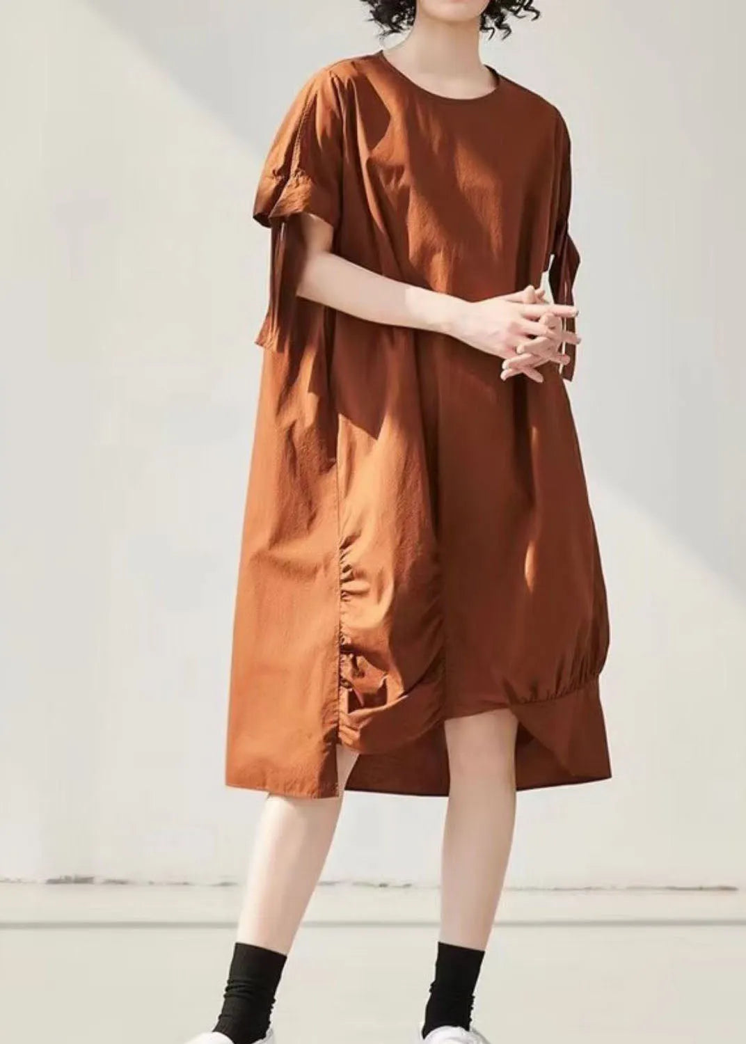 Caramel Asymmetrical Wrinkled Cotton Holiday Dress Short Sleeve