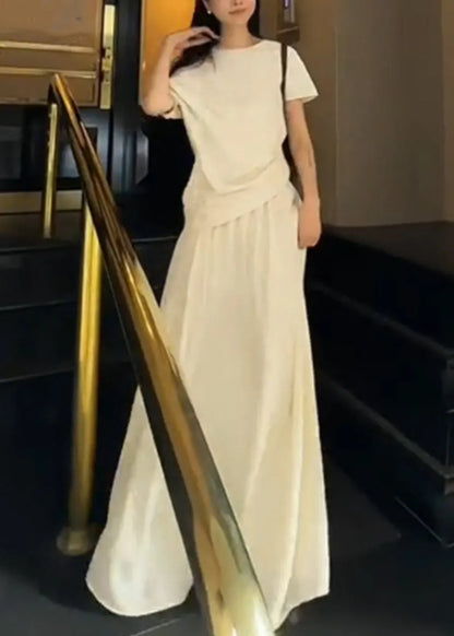 New White O Neck Tops and Skirts Cotton Two-piece Set Summer